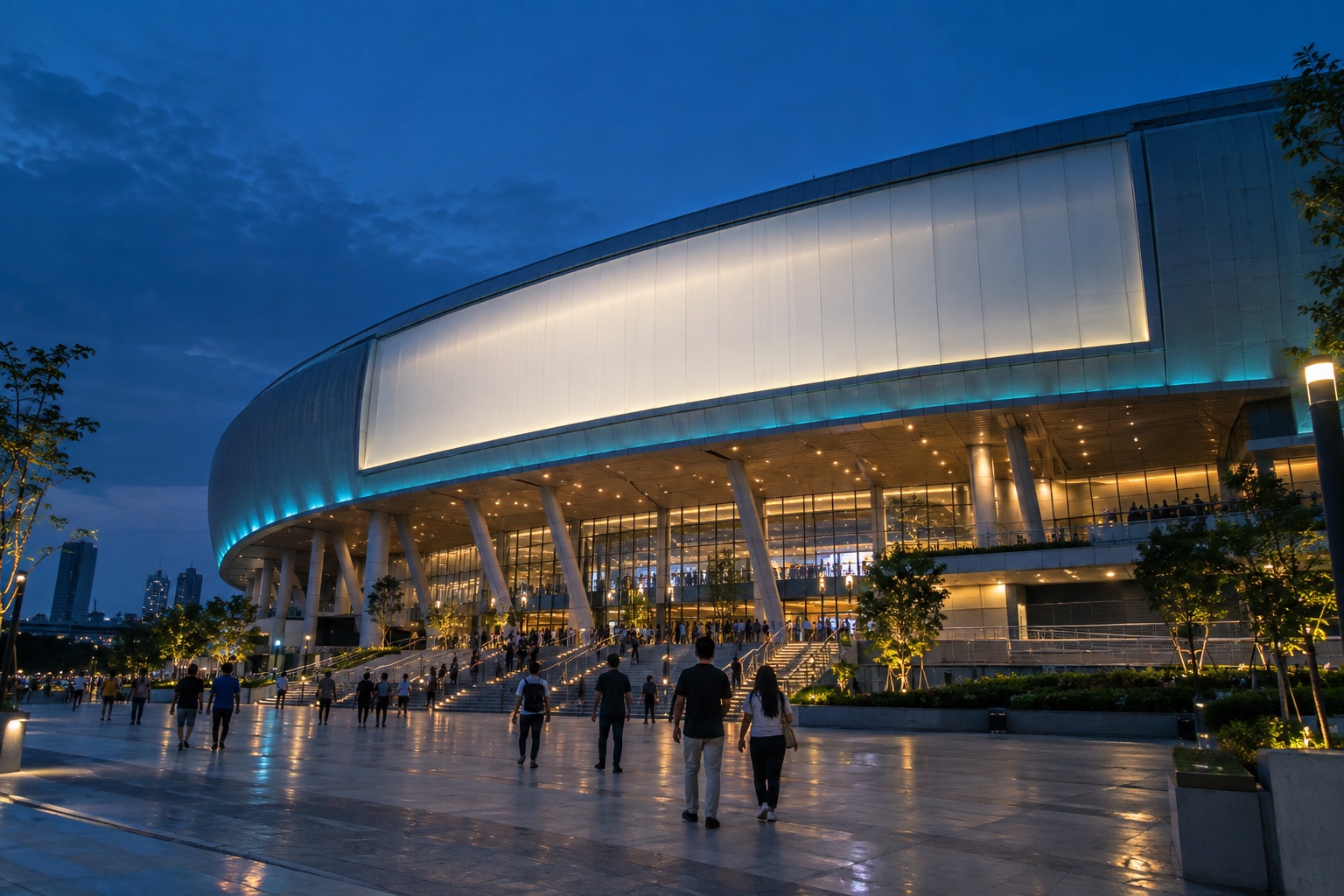 Modern arena exterior prepared for a venue naming-rights partnership.