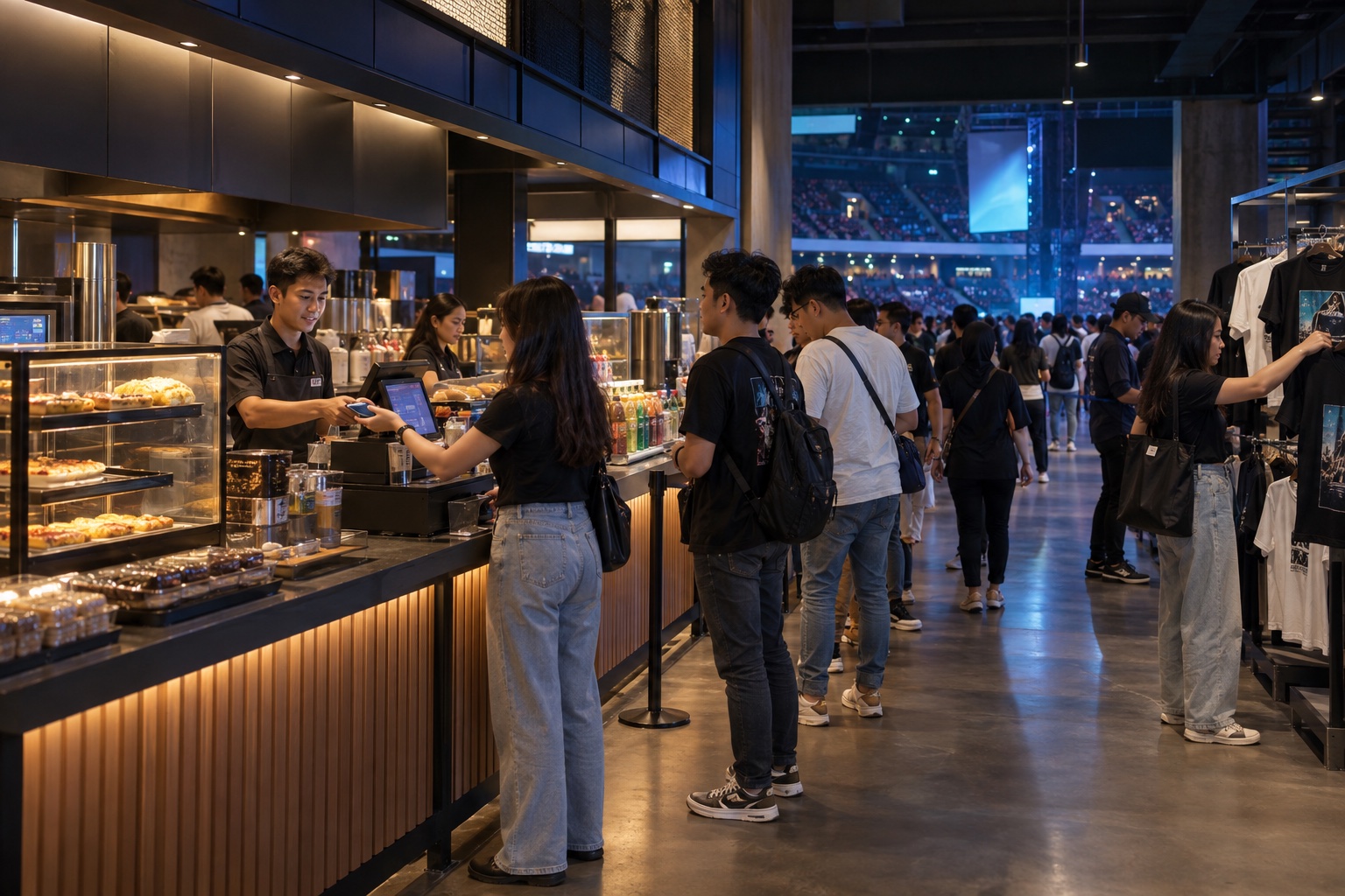 Active food, merchandise, and point-of-sale operations inside an arena.