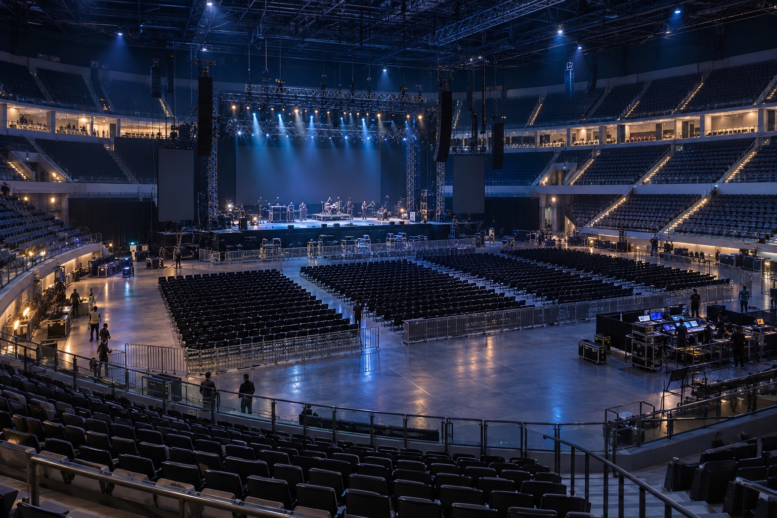 Multipurpose arena being prepared with staging, lighting, and modular seating.